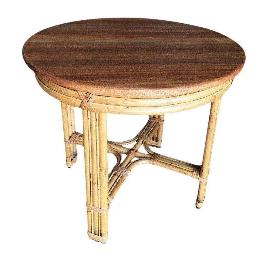 This beautifully restored rattan tall coffee table features unique five-pole rattan legs with wicker wrappings, a solid mahogany top. The table features a unique X-patterned cross-mount base. The table blends style and vintage charm with modern