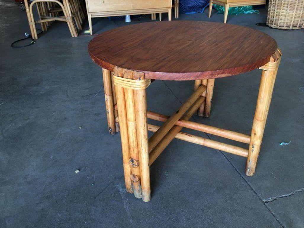 Restored Round Rattan Coffee Table W/ Mahogany Top In Excellent Condition For Sale In Van Nuys, CA