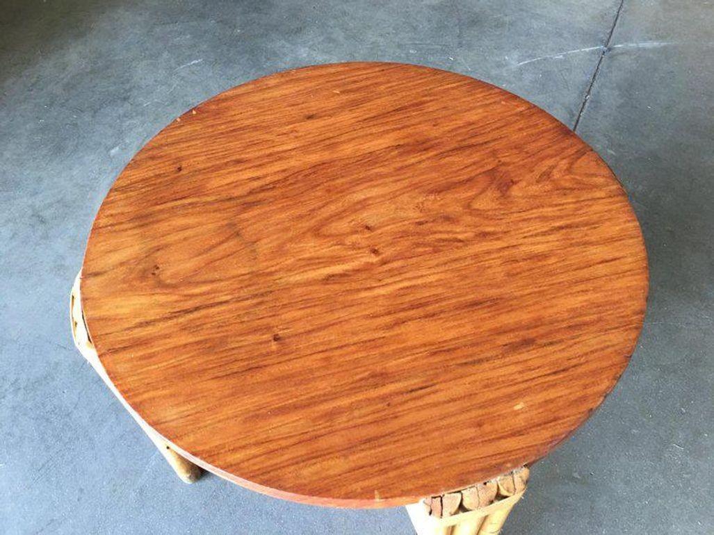 Restored Round Rattan Coffee Table W/ Mahogany Top For Sale 1