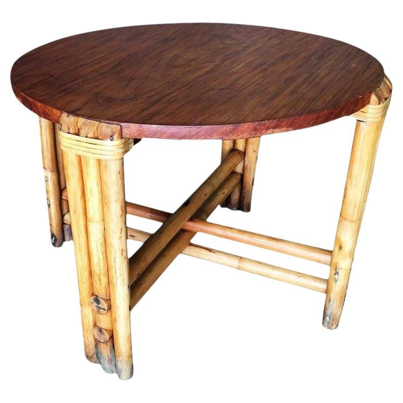 Restored Round Rattan Coffee Table W/ Mahogany Top For Sale