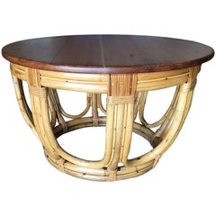 Restored Round Rustic Rattan Coffee Table with Mahogany Top and Fancy Wrappings