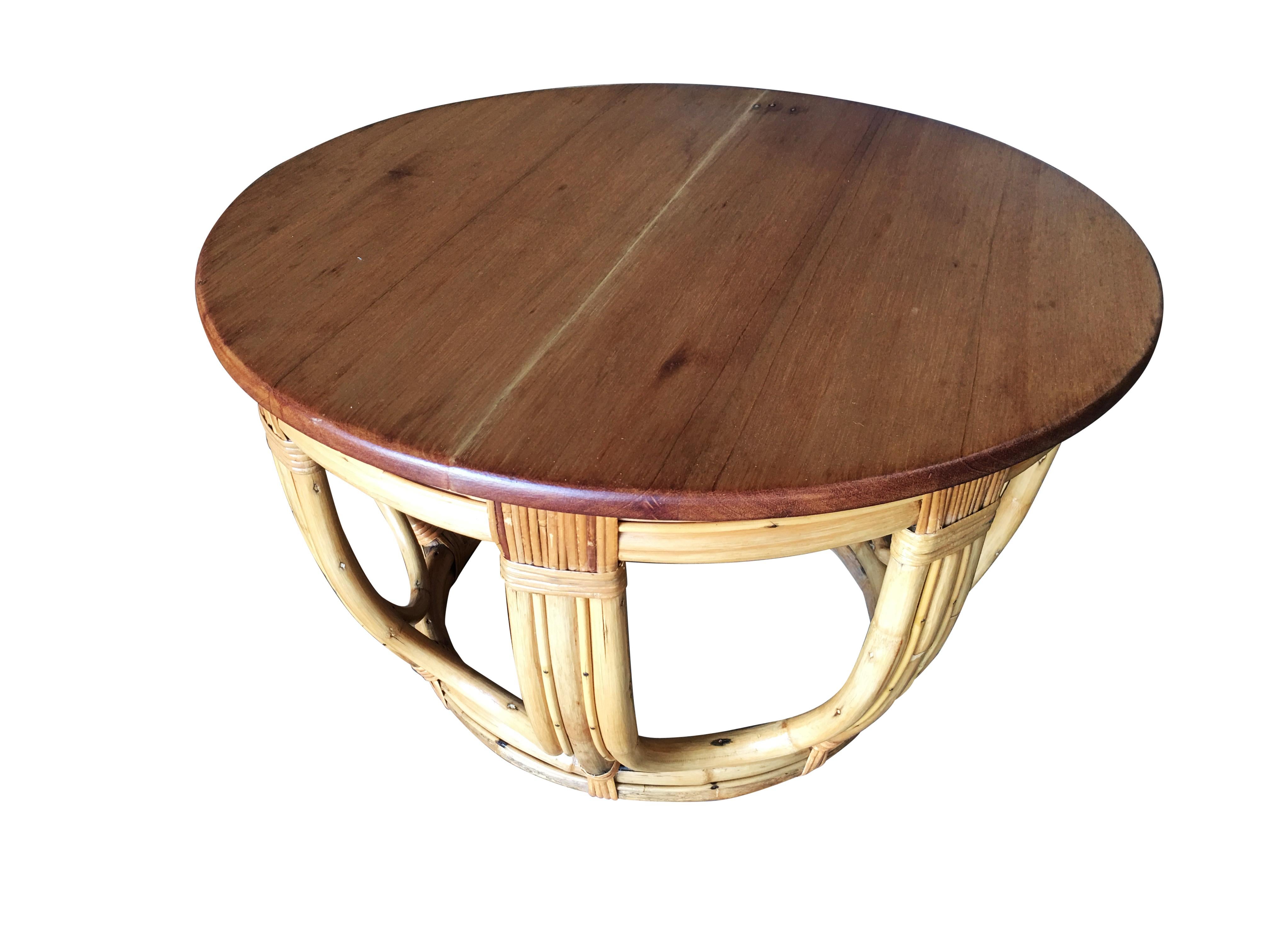 Mid-Century Modern Restored Round Rustic Rattan Coffee Table with Mahogany Top and Fancy Wrappings