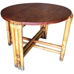Restored Round Rustic Rattan Coffee Table with Mahogany Top
