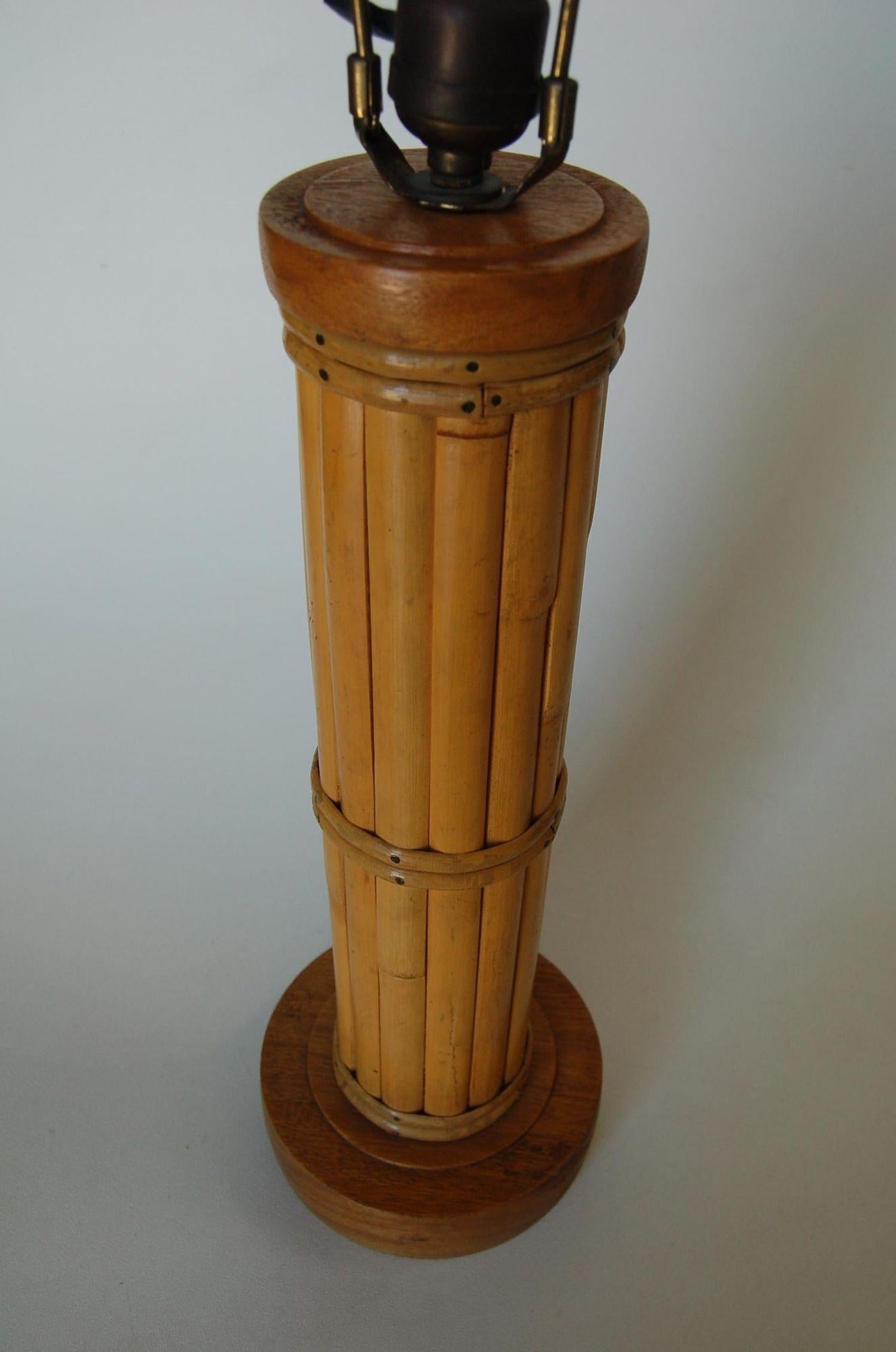 American Restored Round Split Rattan Table Lamp W/ Carved Wood Base & Wrappings For Sale