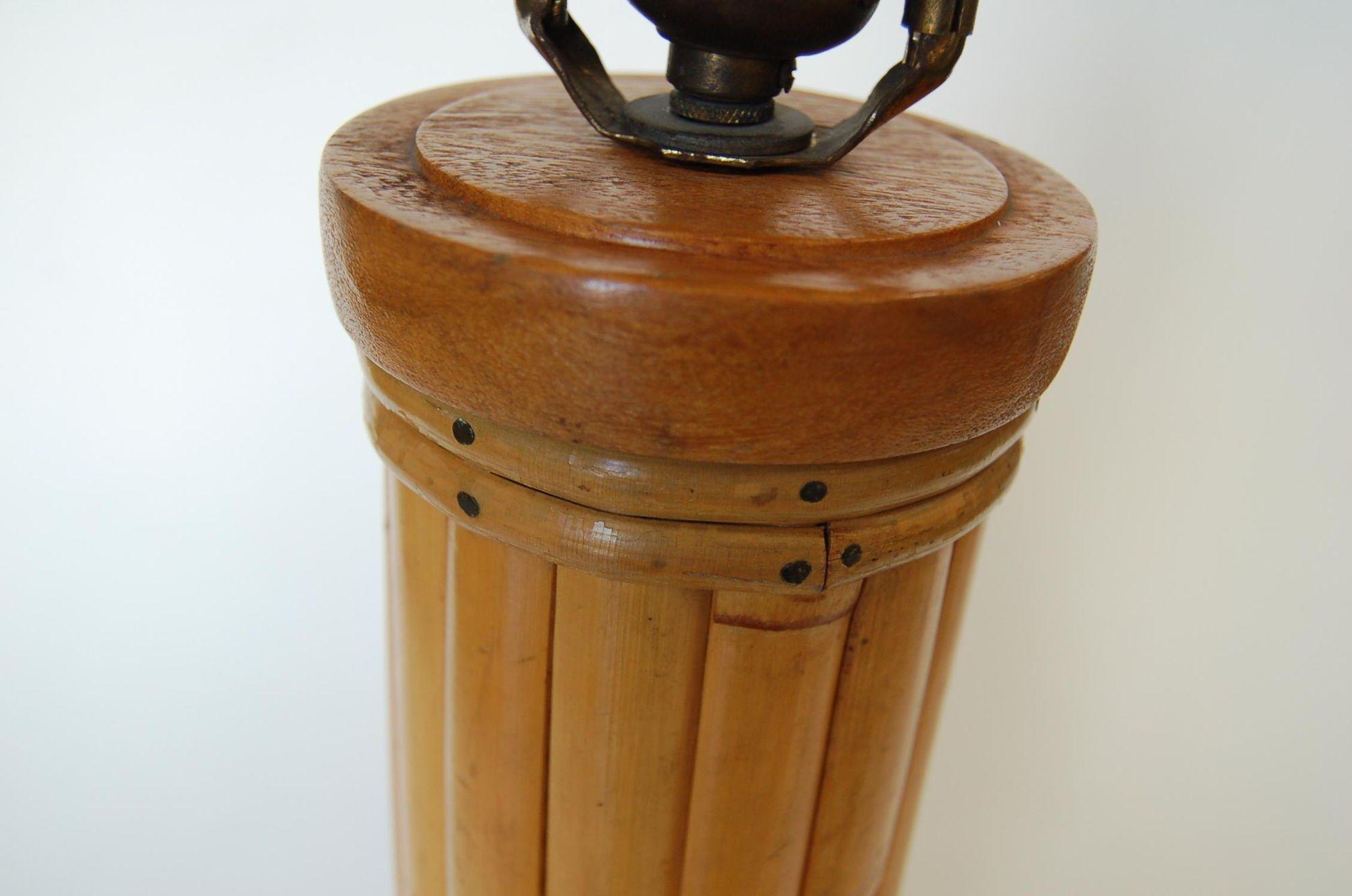 Mid-20th Century Restored Round Split Rattan Table Lamp W/ Carved Wood Base & Wrappings For Sale