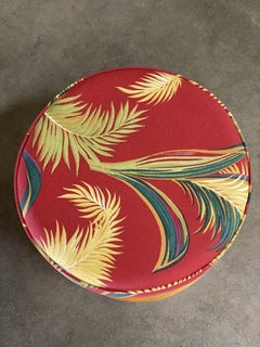 Restored Round Stacked Rattan Ottoman Stool with Bark Cloth Covering