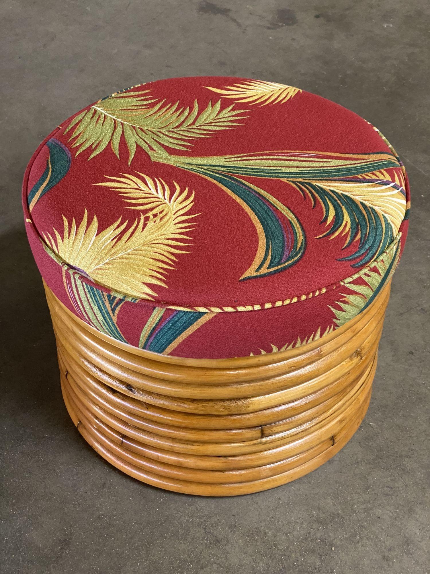 American Restored Round Stacked Rattan Ottoman Stool with Bark Cloth Covering