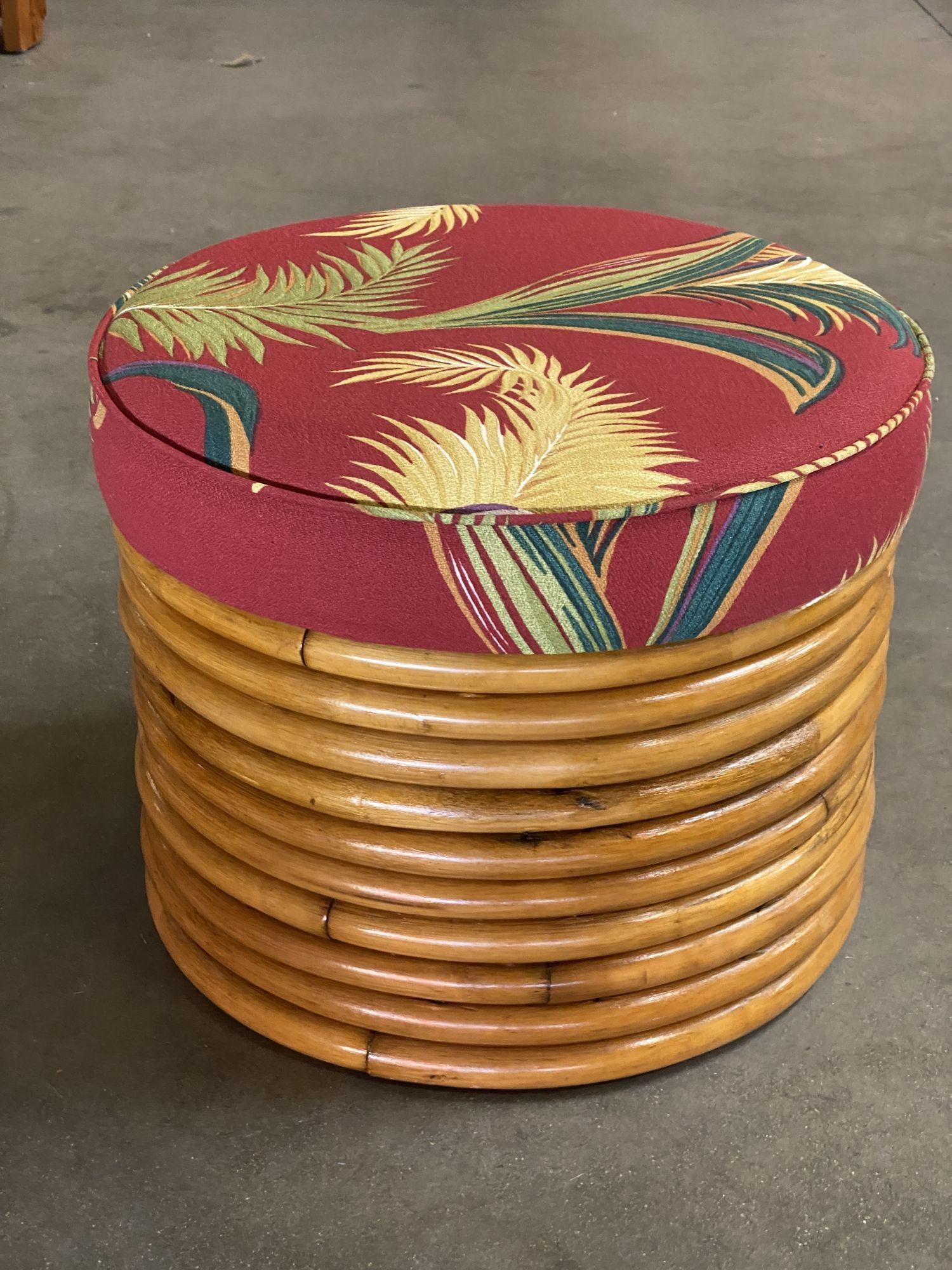 Restored Round Stacked Rattan Ottoman Stool with Bark Cloth Covering In Excellent Condition In Van Nuys, CA