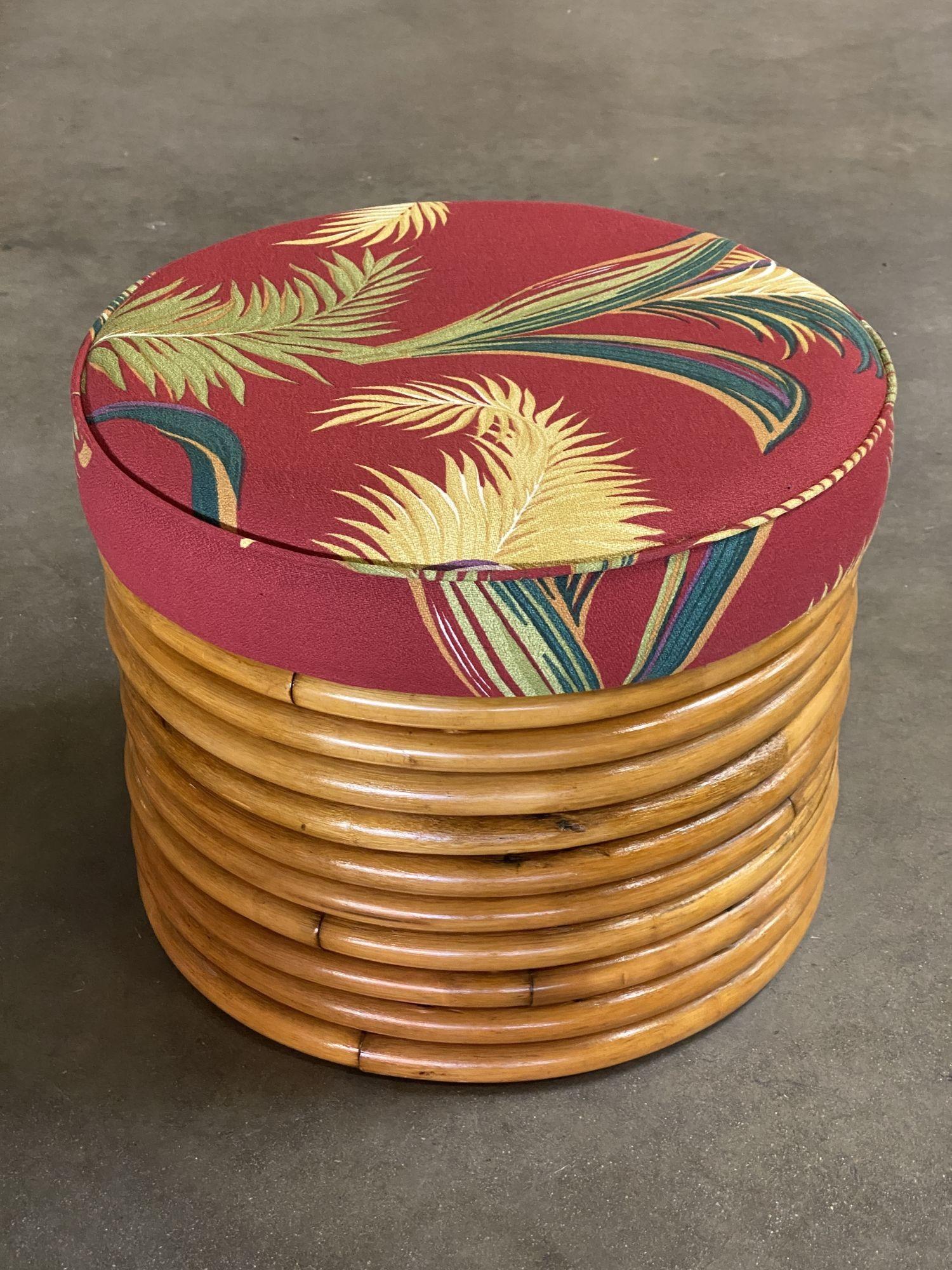 Mid-20th Century Restored Round Stacked Rattan Ottoman Stool with Bark Cloth Covering