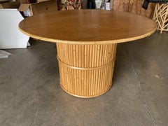 Restored Round Stacked Rattan Pedestal Dining Table Mahogany Top