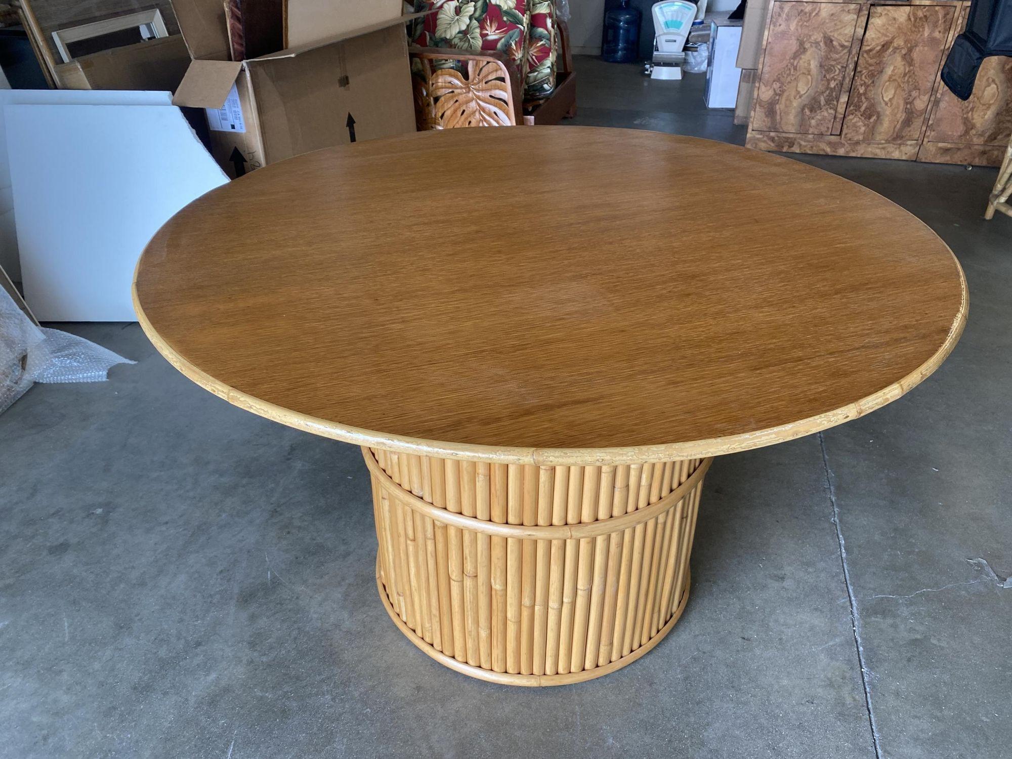 American Restored Round Stacked Rattan Pedestal Dining Table Mahogany Top For Sale