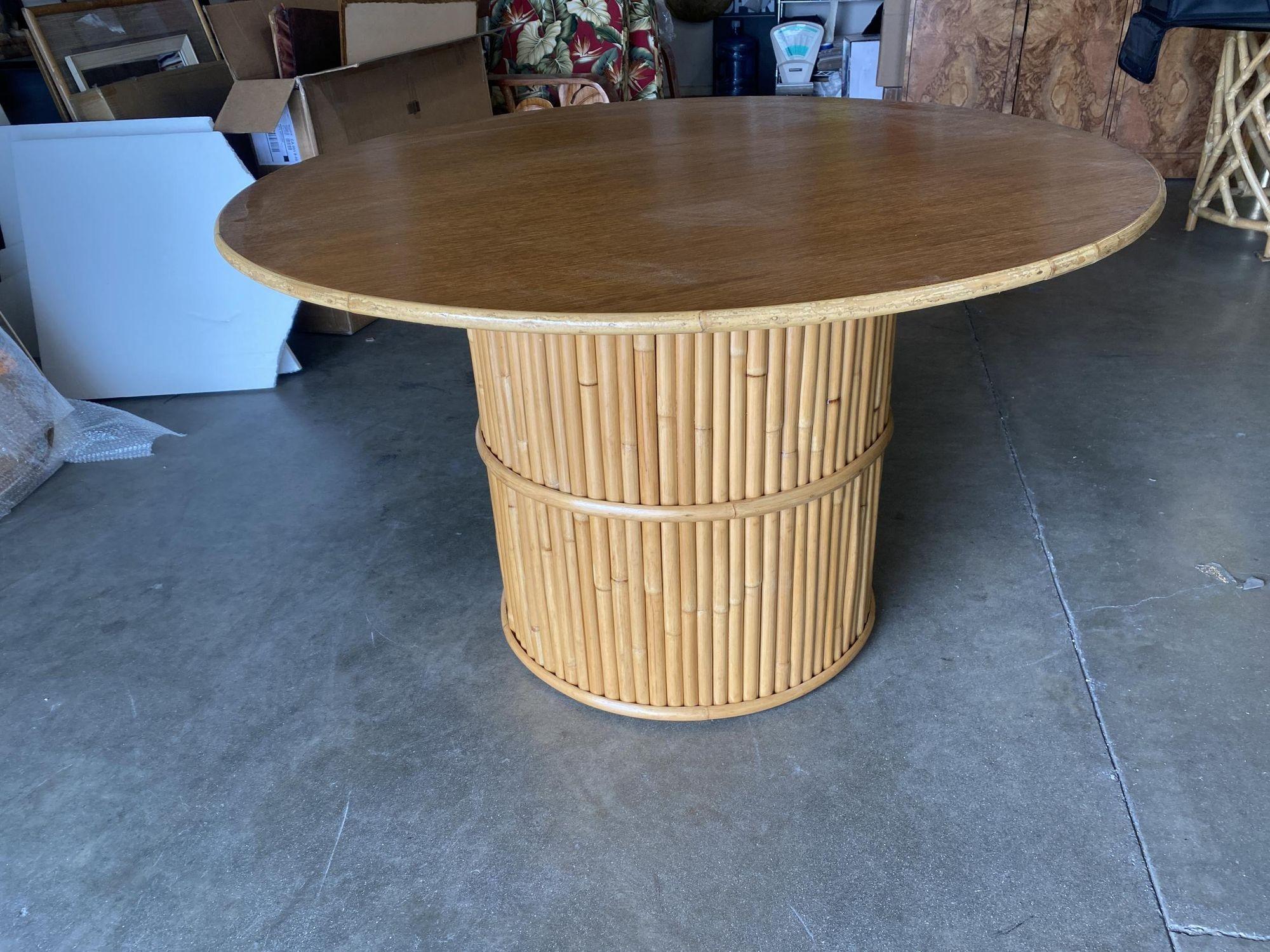 Restored Round Stacked Rattan Pedestal Dining Table Mahogany Top In Excellent Condition For Sale In Van Nuys, CA