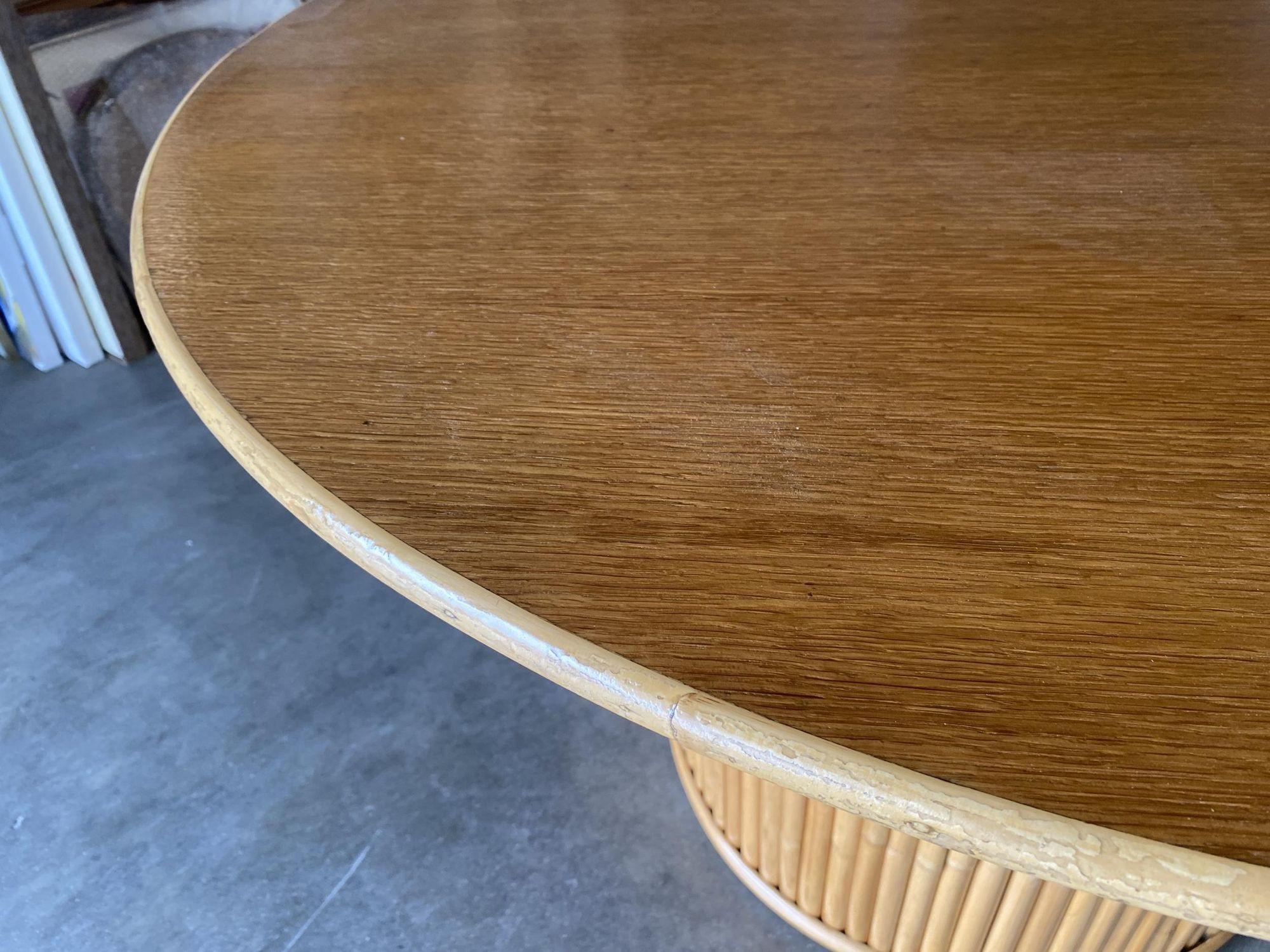 Restored Round Stacked Rattan Pedestal Dining Table Mahogany Top For Sale 3