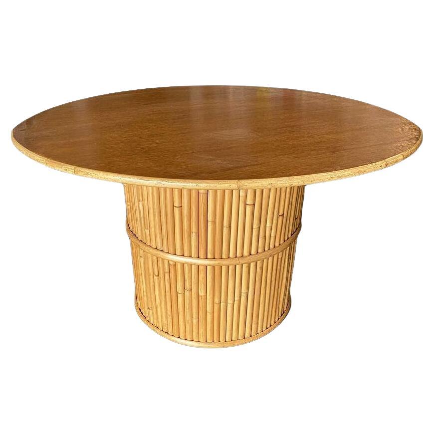 Restored Round Stacked Rattan Pedestal Dining Table Mahogany Top For Sale