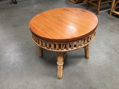 Restored Round Stick Rattan Coffee Table with Mahogany Top