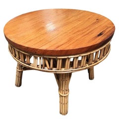 Restored Round Stick Rattan Coffee Table with Mahogany Top