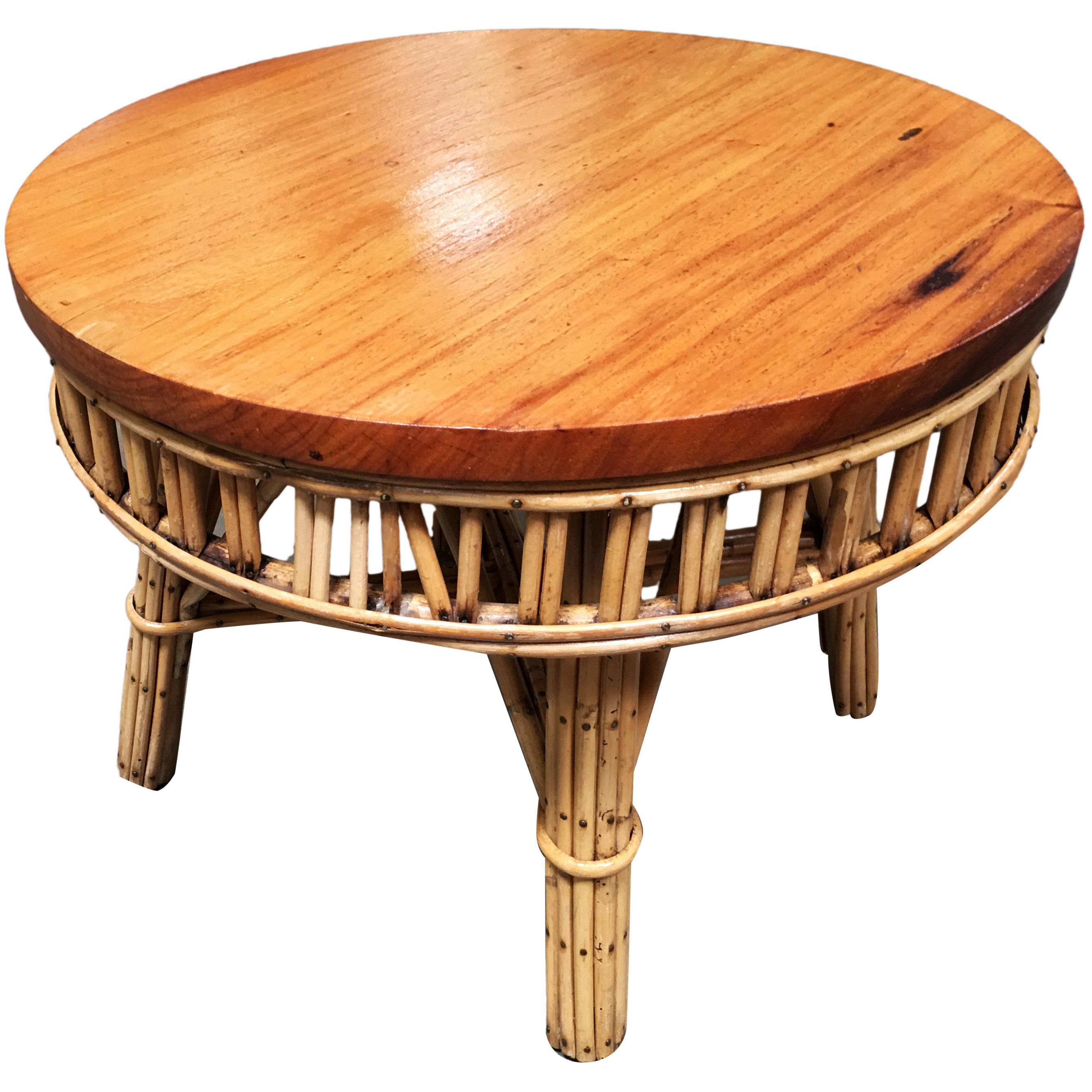 Restored Round Stick Rattan Coffee Table with Mahogany Top