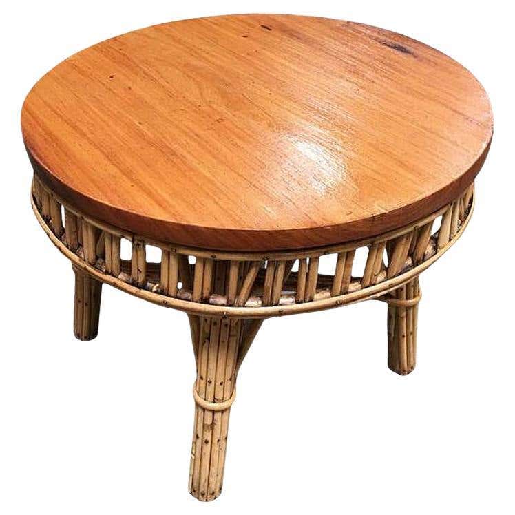 Round Rattan Tea Table Restored Round Rattan Coffee Table with Mahogany Top at 1stDibs