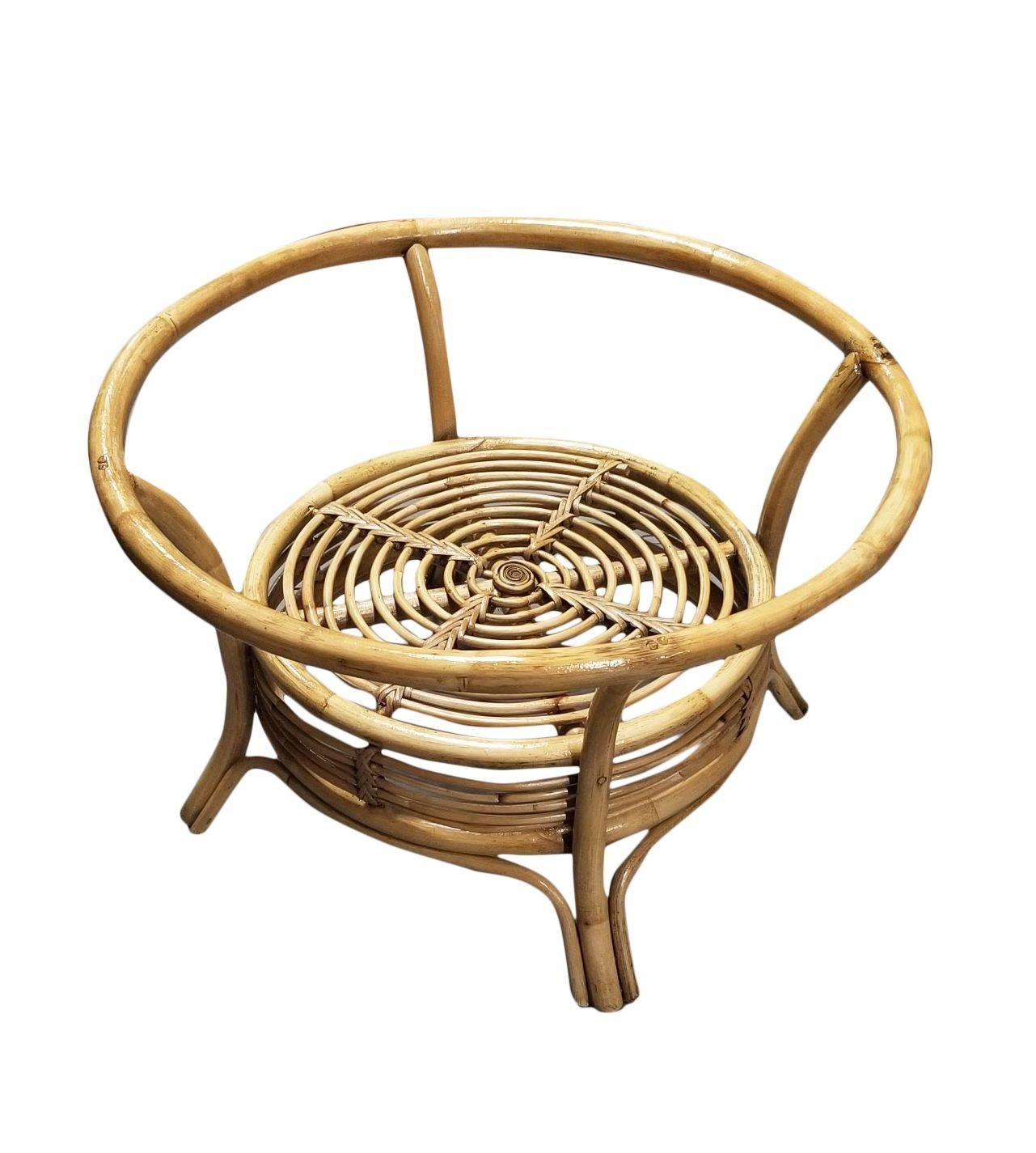 American Restored Round Two-Tier Rattan Spiral Coffee Table w/ Glass Top For Sale