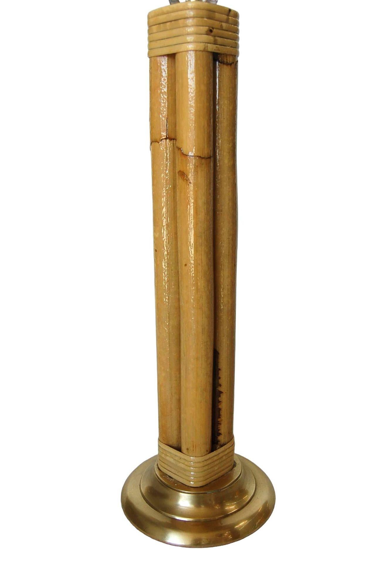 Restored Four Strand Rattan Table Lamp With Fancy Wrapping and Vintage Lampshade In Excellent Condition For Sale In Van Nuys, CA