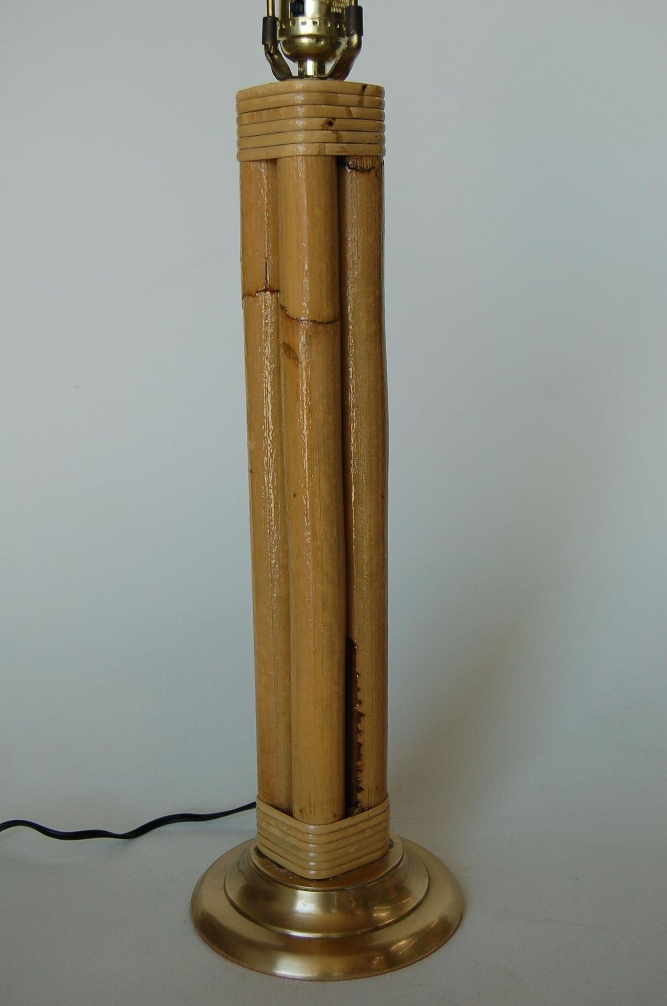 Mid-20th Century Restored Four Strand Rattan Table Lamp with Fancy Wrapping and Brass Base For Sale