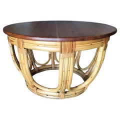 Restored Rustic Round Rattan Coffee Table w/ Mahogany Top, Fancy Wrappings