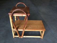 Restored Rattan Tear Drop Rattan Table W/ Mahogany Tops