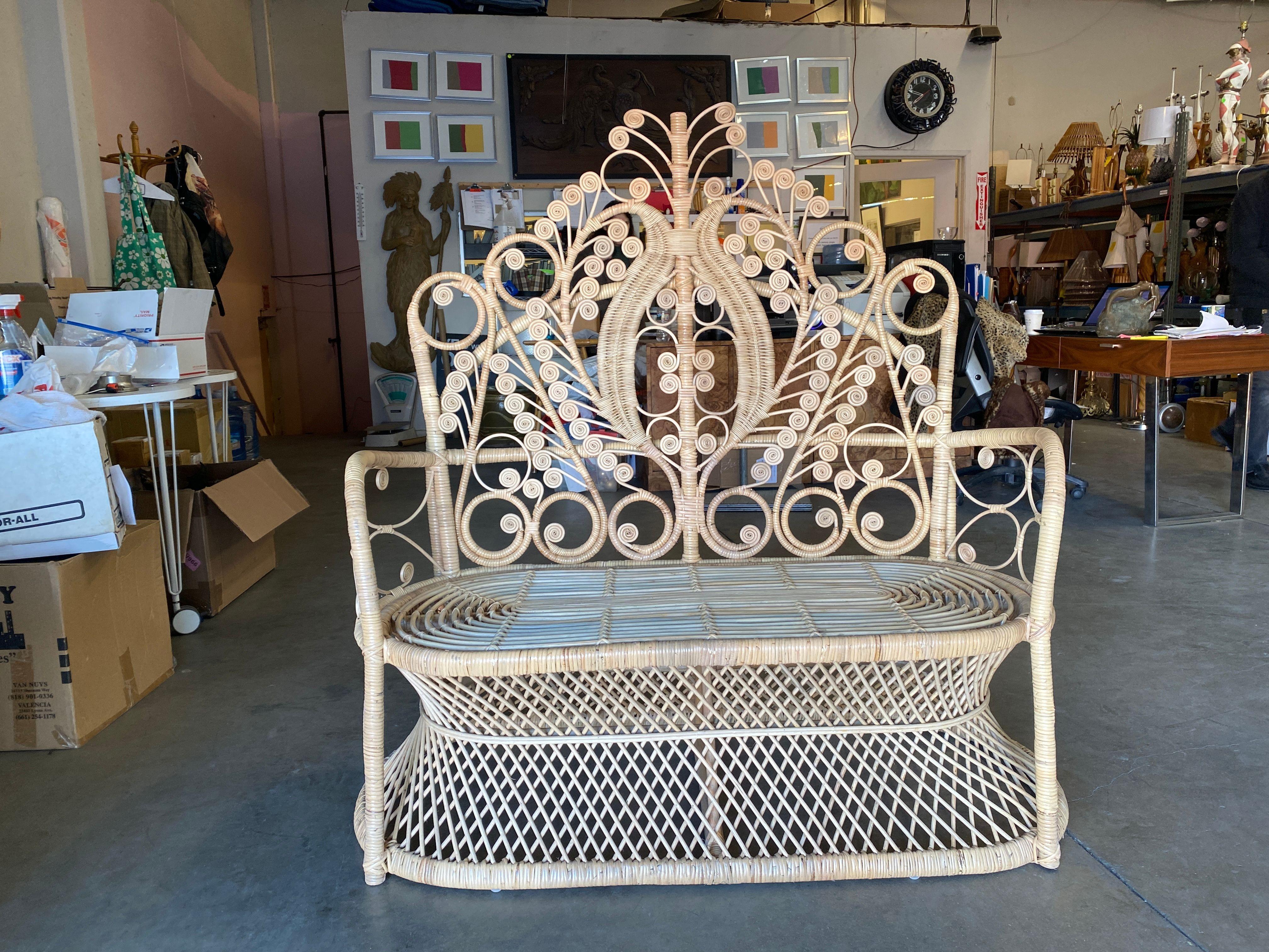 American Restored Scrolling Stick Rattan and Wicker Settee