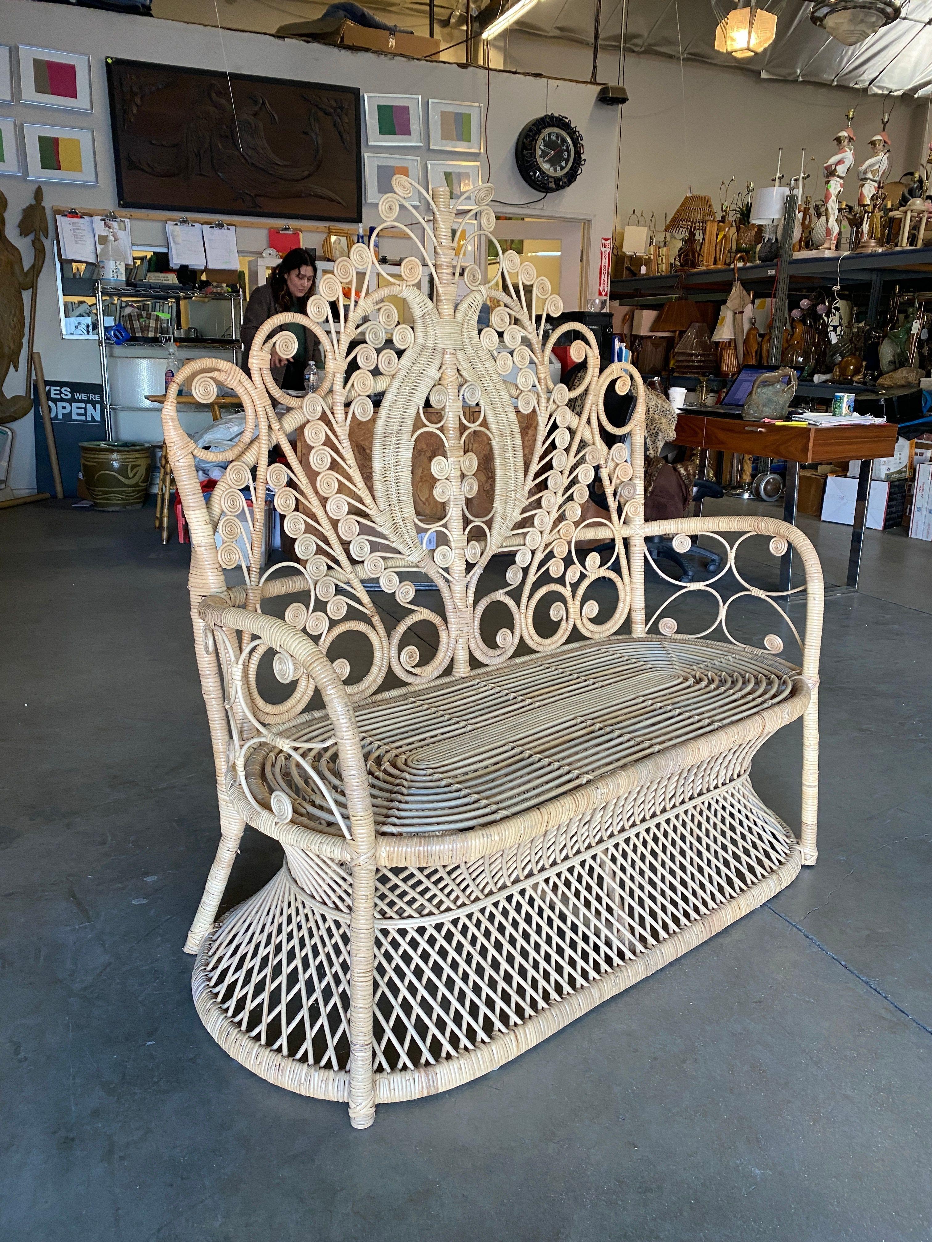 Restored Scrolling Stick Rattan and Wicker Settee In Excellent Condition In Van Nuys, CA