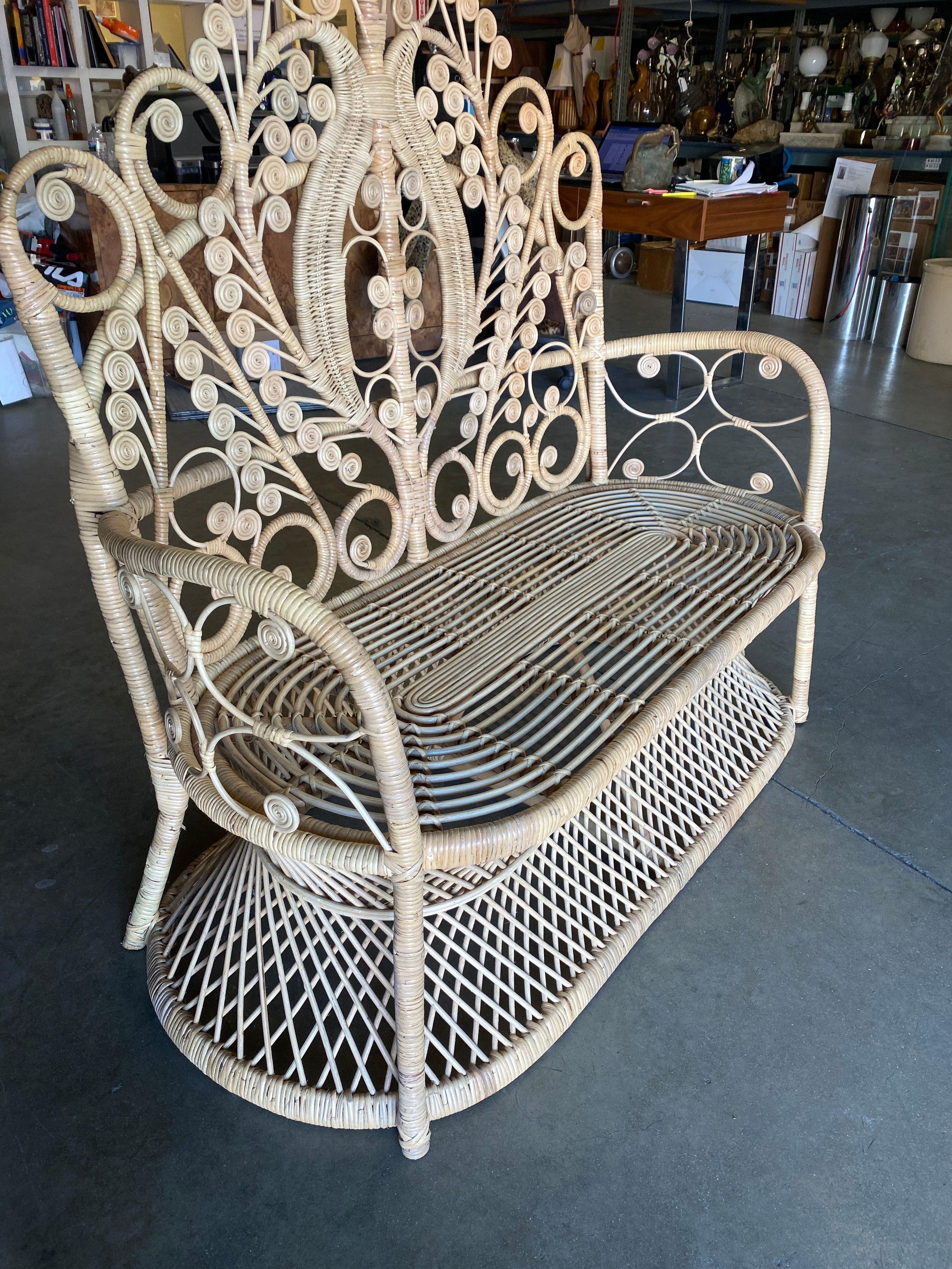 Restored Scrolling Stick Rattan and Wicker Settee 1