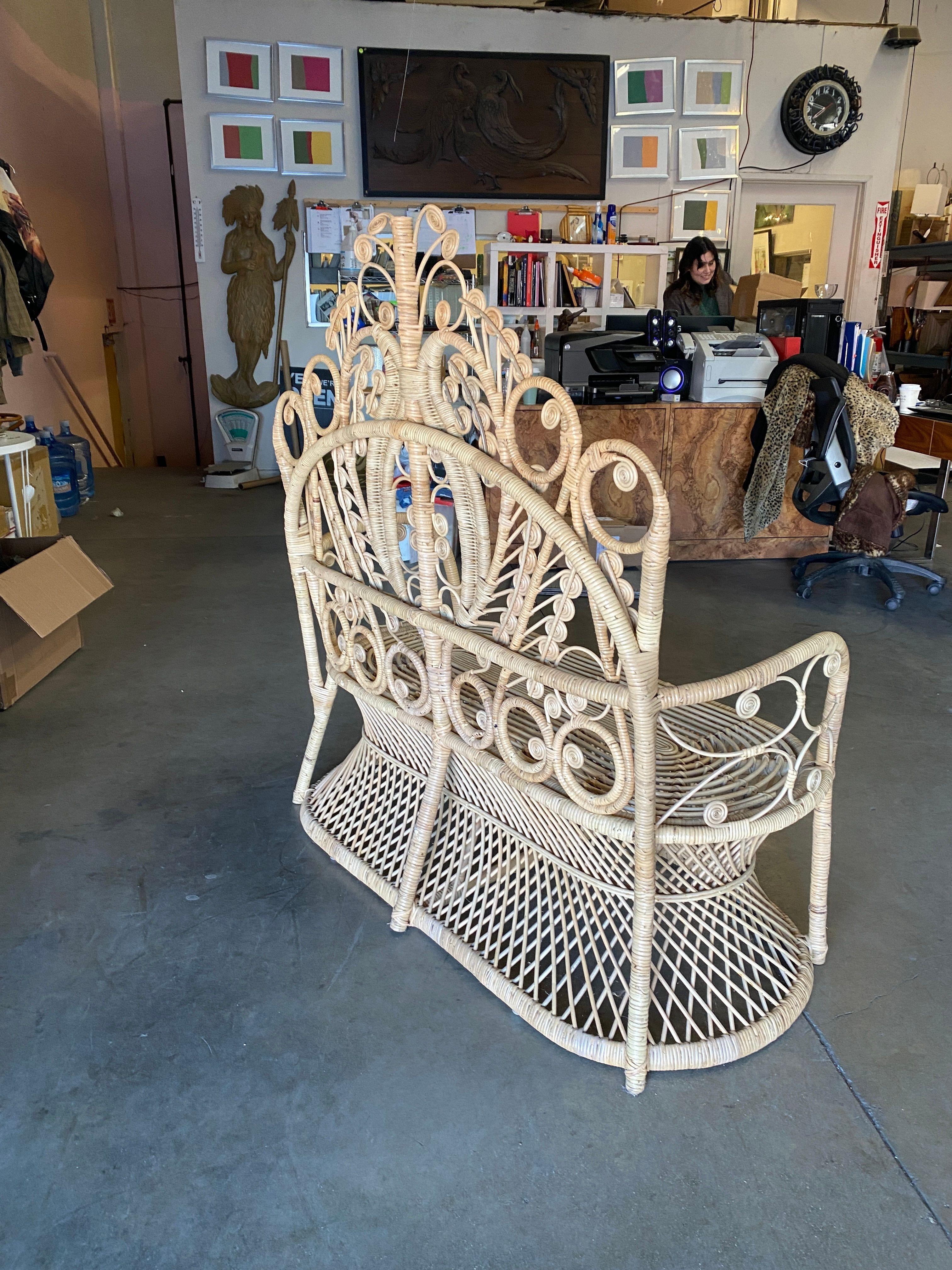 Restored Scrolling Stick Rattan and Wicker Settee 3