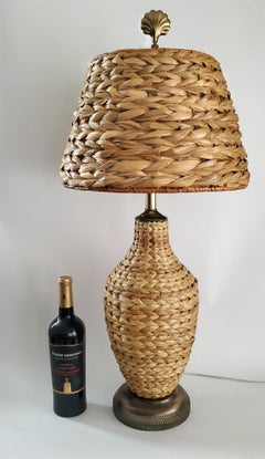 Restored Seagrass Wicker Table Lamp & Shade, Coastal Style, 1960s