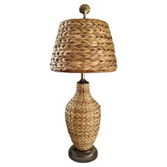 Restored Seagrass Wicker Table Lamp & Shade, Coastal Style, 1960s