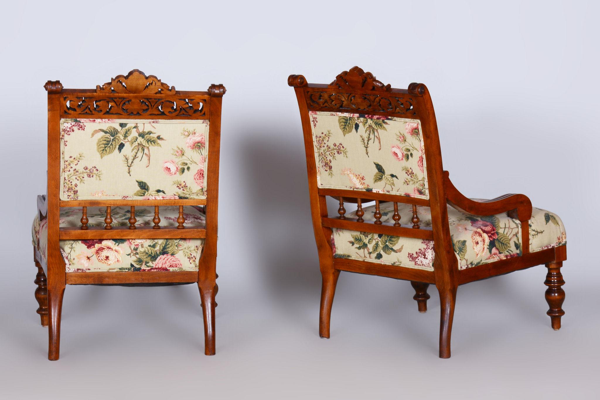 Restored Seating Set of Sofa and Six Chairs. 

Style: Historicism
Source: Czechia (Czechoslovakia)
Period: 1890-1899
Material: Beech, Walnut

According to the original process, our professional refurbishing team in Czechia has restored and