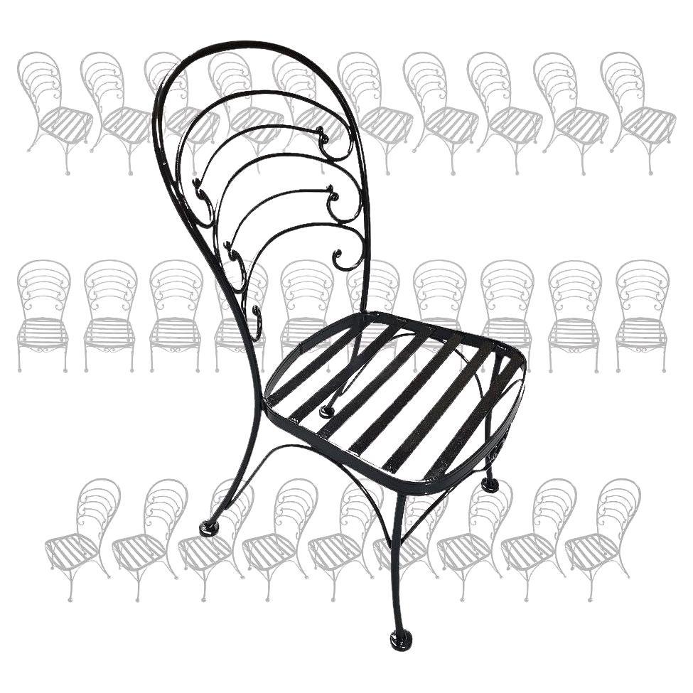 Restored Set of 30 Mid-century Black Iron French Café Style Patio "Ribcage" Chai For Sale