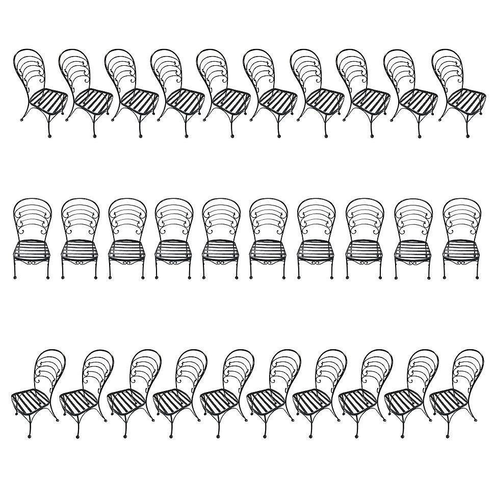 A vintage lot of 30 mid-century iron outdoor garden chairs newly restored in black finish. Fashion after French café chairs found in Paris in the 1950s with the quality of known makers like Woodward and Crown Leisure.

Woodward Furniture is