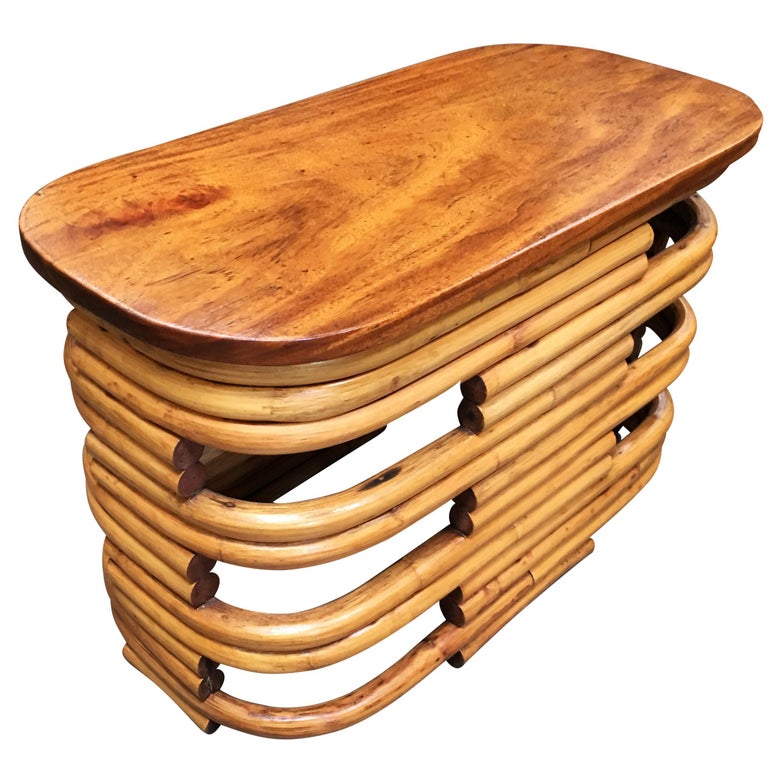 Restored Side Table, Stacked Rattan with Mahogany Top For Sale at 1stDibs