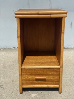 Restored Single Drawer Mahogany Bedside Table with Stacked Rattan Border