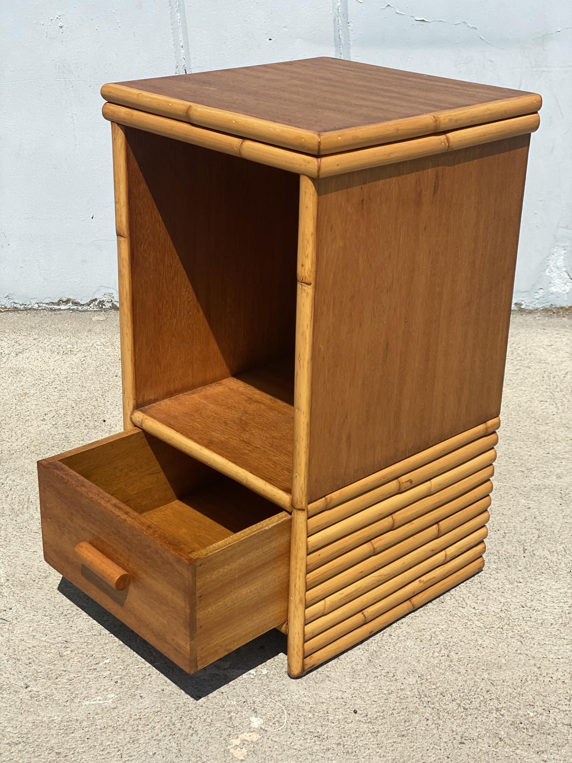 Mid-Century Modern Restored Single Drawer Mahogany Bedside Table with Stacked Rattan Border