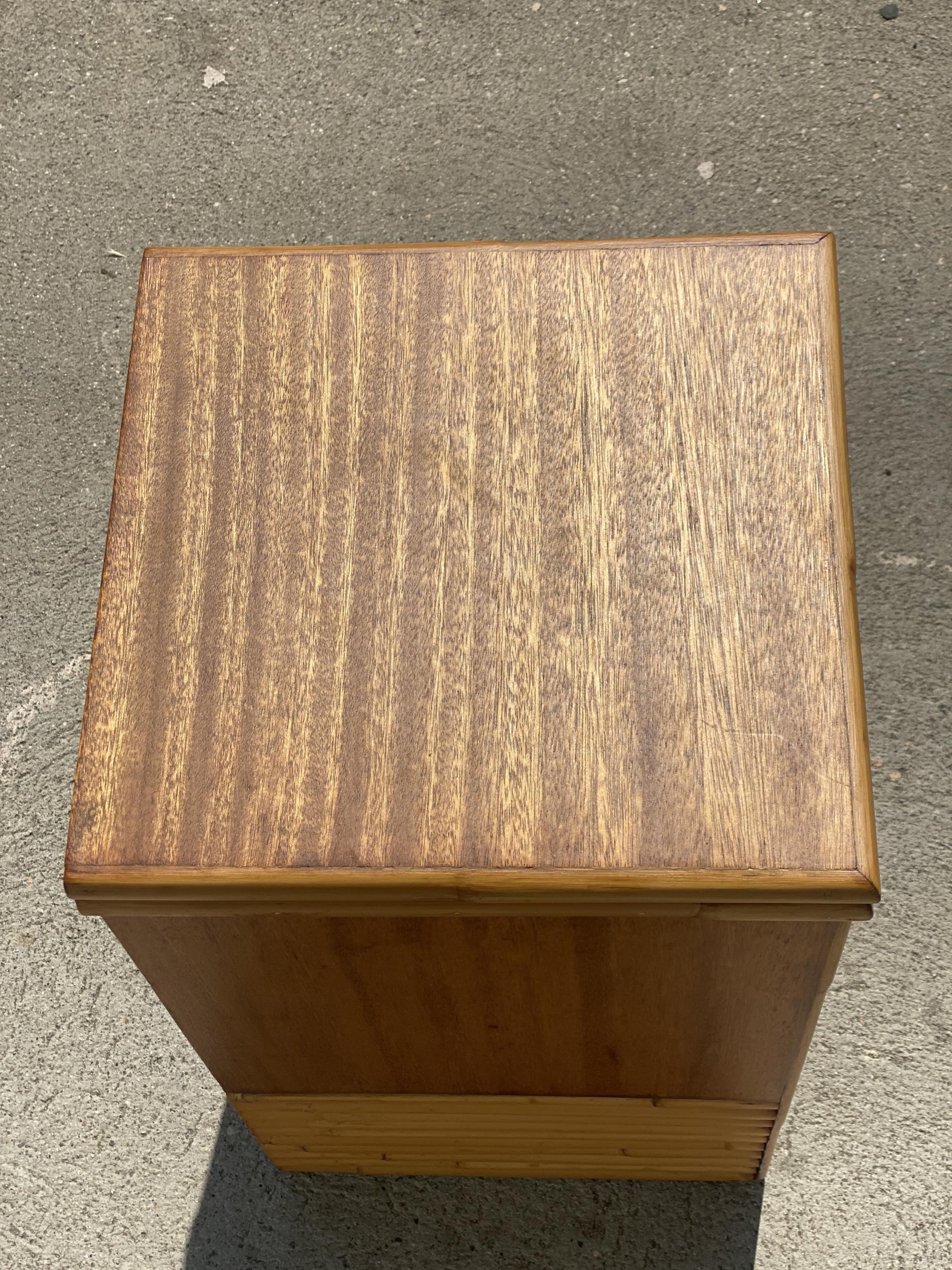 Restored Single Drawer Mahogany Bedside Table with Stacked Rattan Border In Excellent Condition In Van Nuys, CA