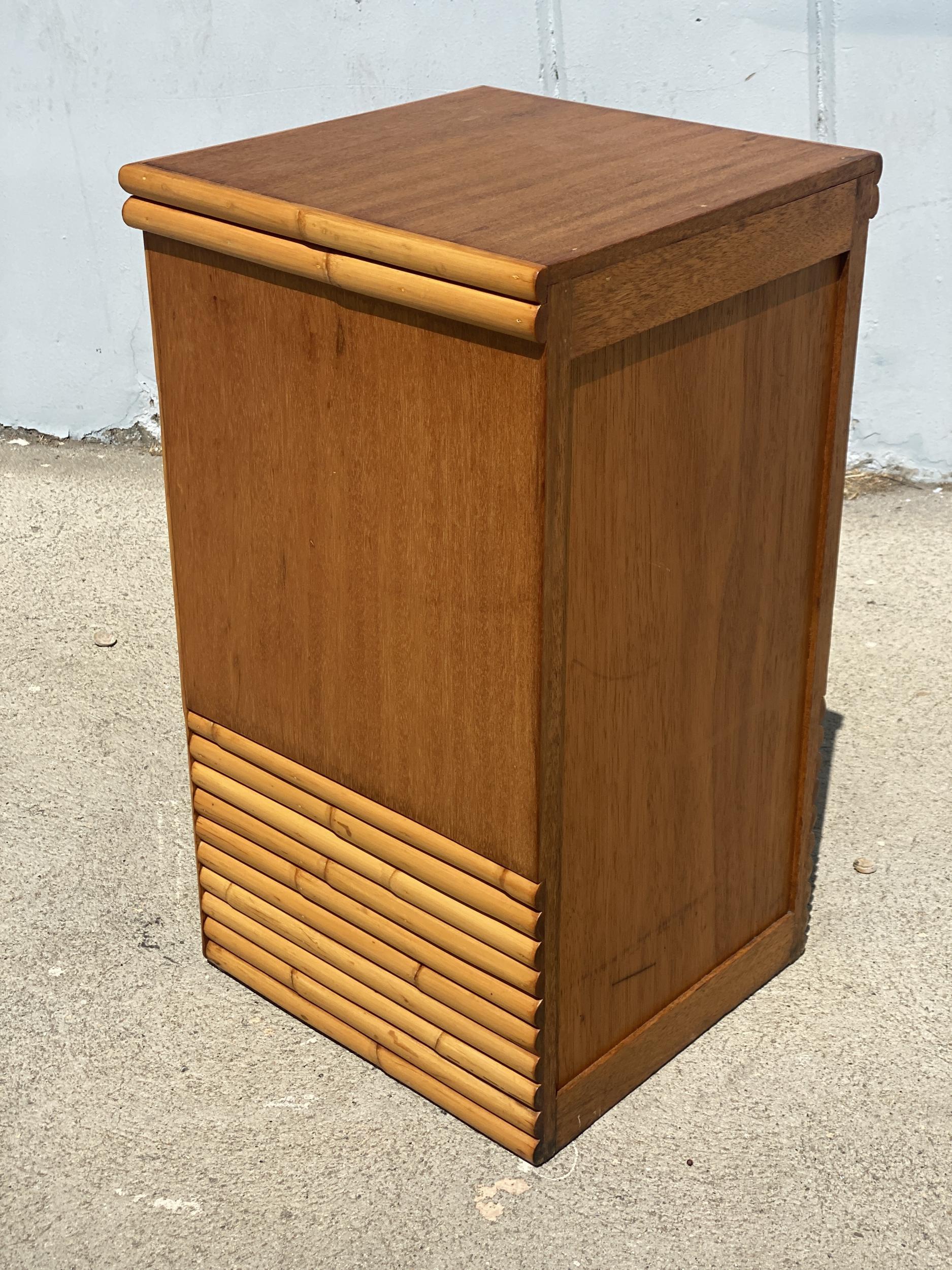 Mid-20th Century Restored Single Drawer Mahogany Bedside Table with Stacked Rattan Border
