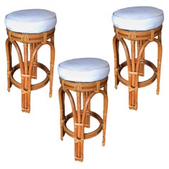 Restored Single Stand Arched Double Stacked Rattan Bar Stool, Set of 3