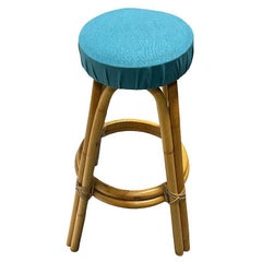 Restored Single Stand Arched Rattan Bar Stool w/ Blue Seat - Set of 5