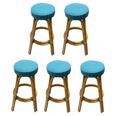 Restored Single Stand Arched Rattan Bar Stool w/ Blue Seat - Set of 5