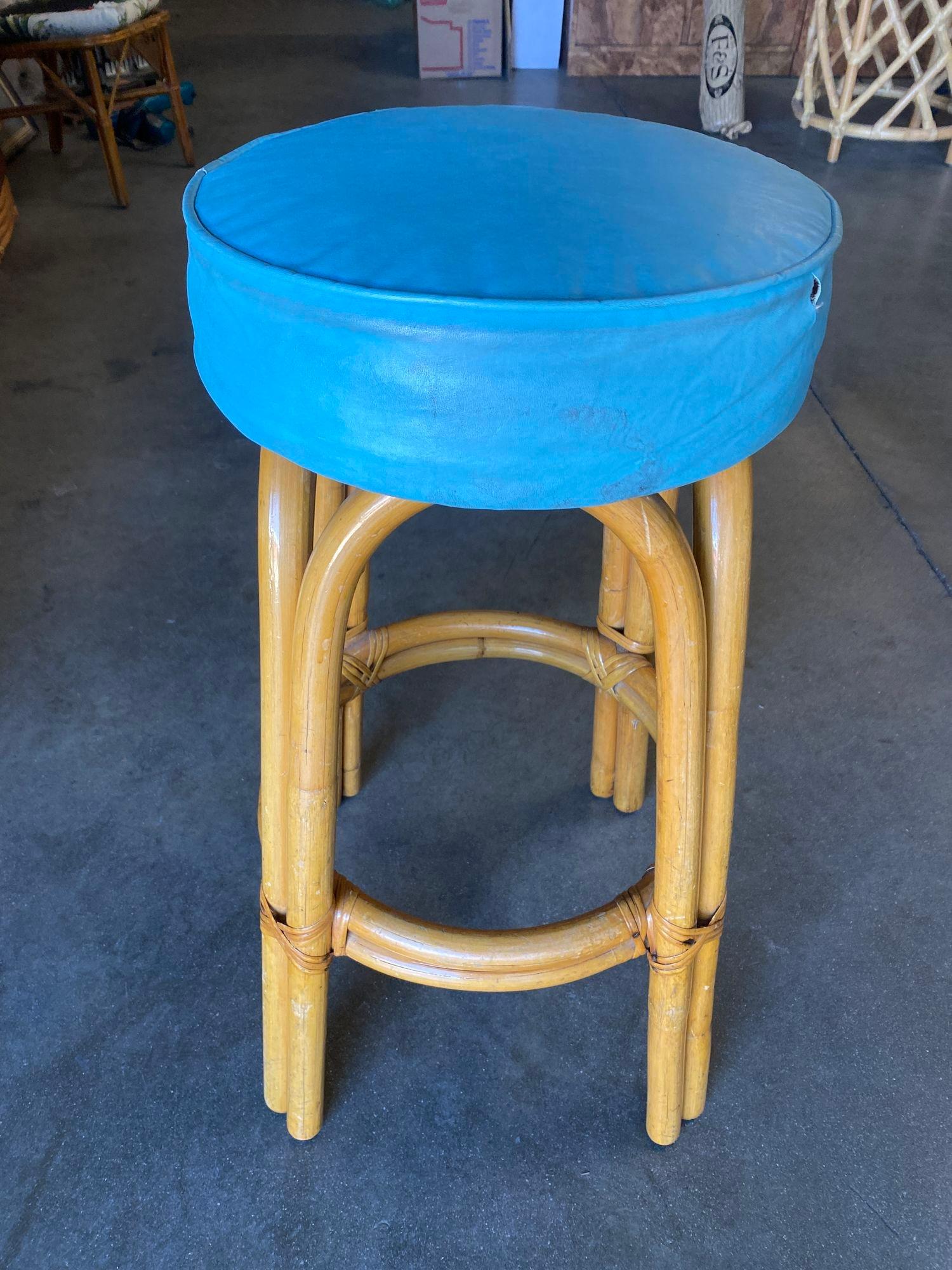 Mid-Century Modern Restored Single Stand Arched Rattan Bar Stool w/ Teal Green Seat, Set of Four For Sale