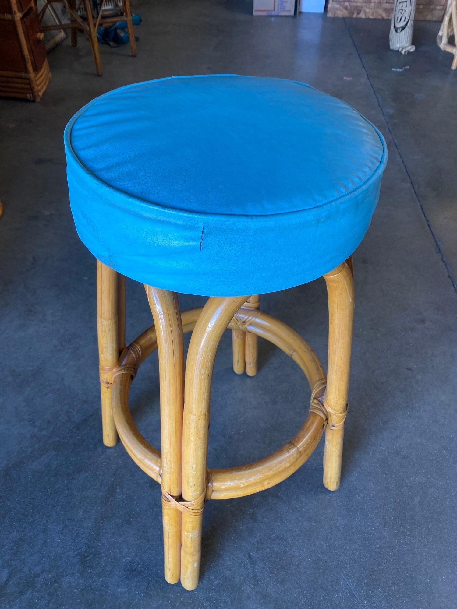 American Restored Single Stand Arched Rattan Bar Stool w/ Teal Green Seat, Set of Four For Sale