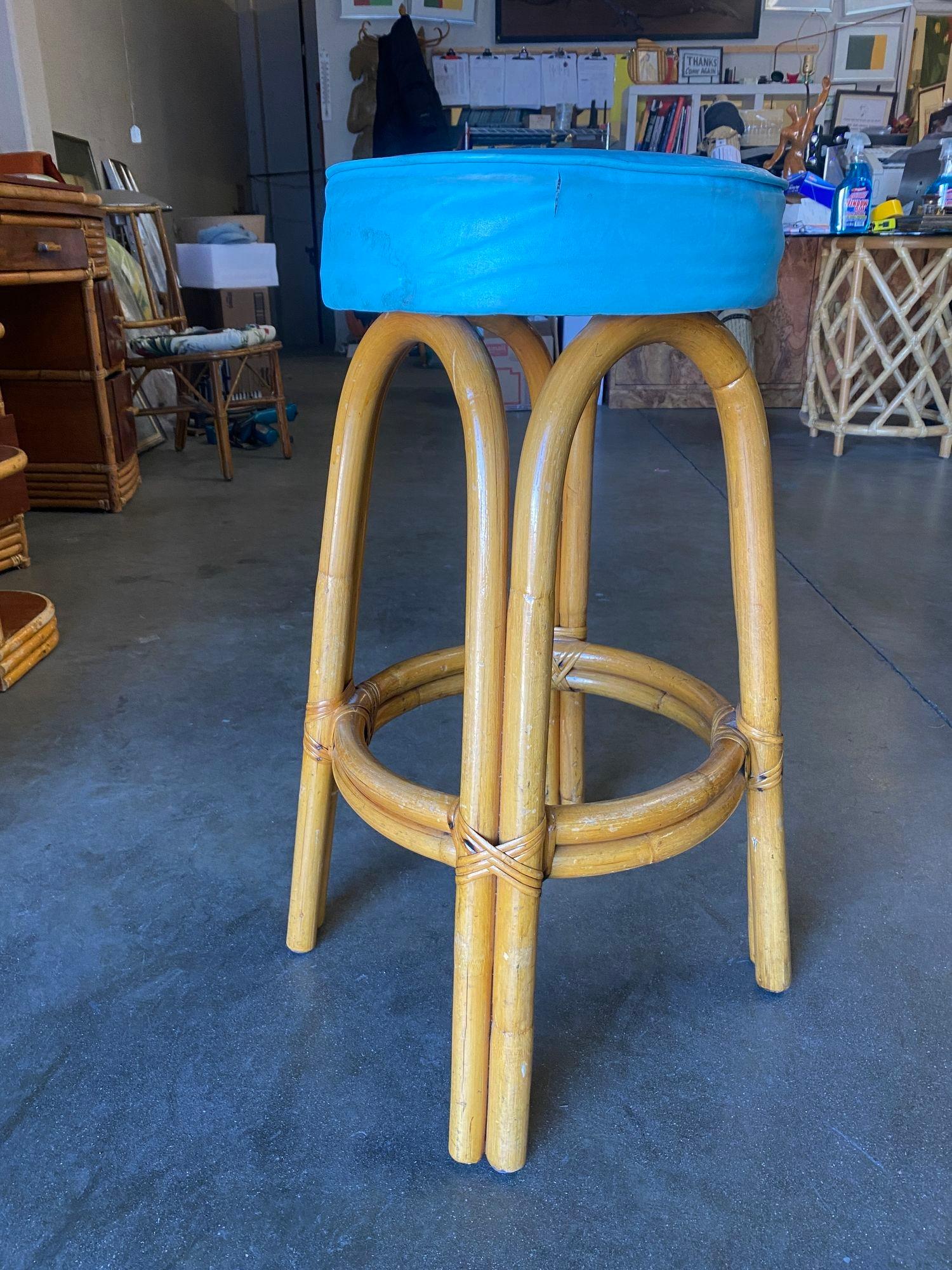 Mid-20th Century Restored Single Stand Arched Rattan Bar Stool w/ Teal Green Seat, Set of Four For Sale
