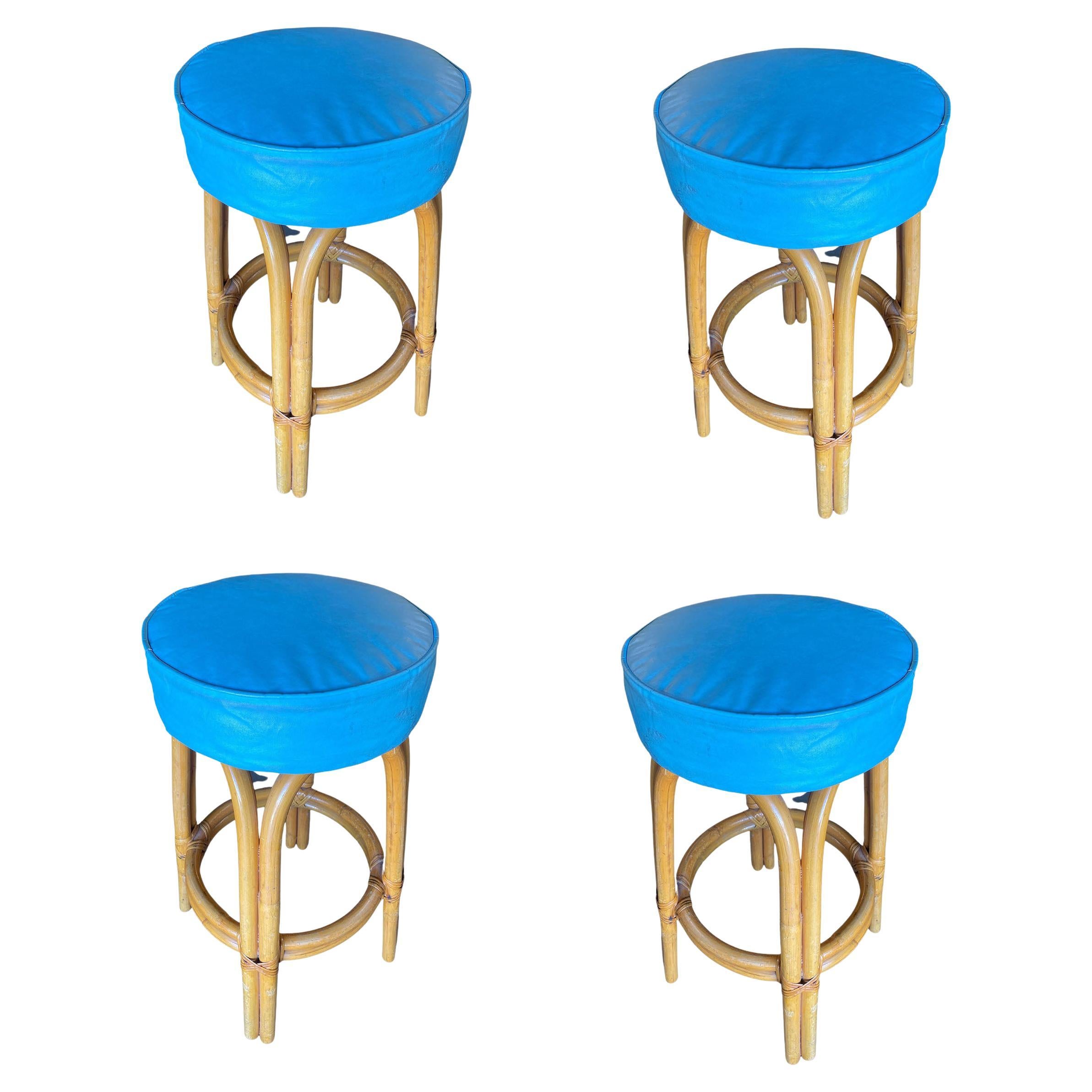 Restored Single Stand Arched Rattan Bar Stool w/ Teal Green Seat, Set of  Four For Sale at 1stDibs