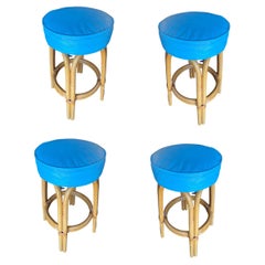 Tabouret de bar en rotin arqué sur un seul support avec assise vert sarcelle, restauré, lot de quatre