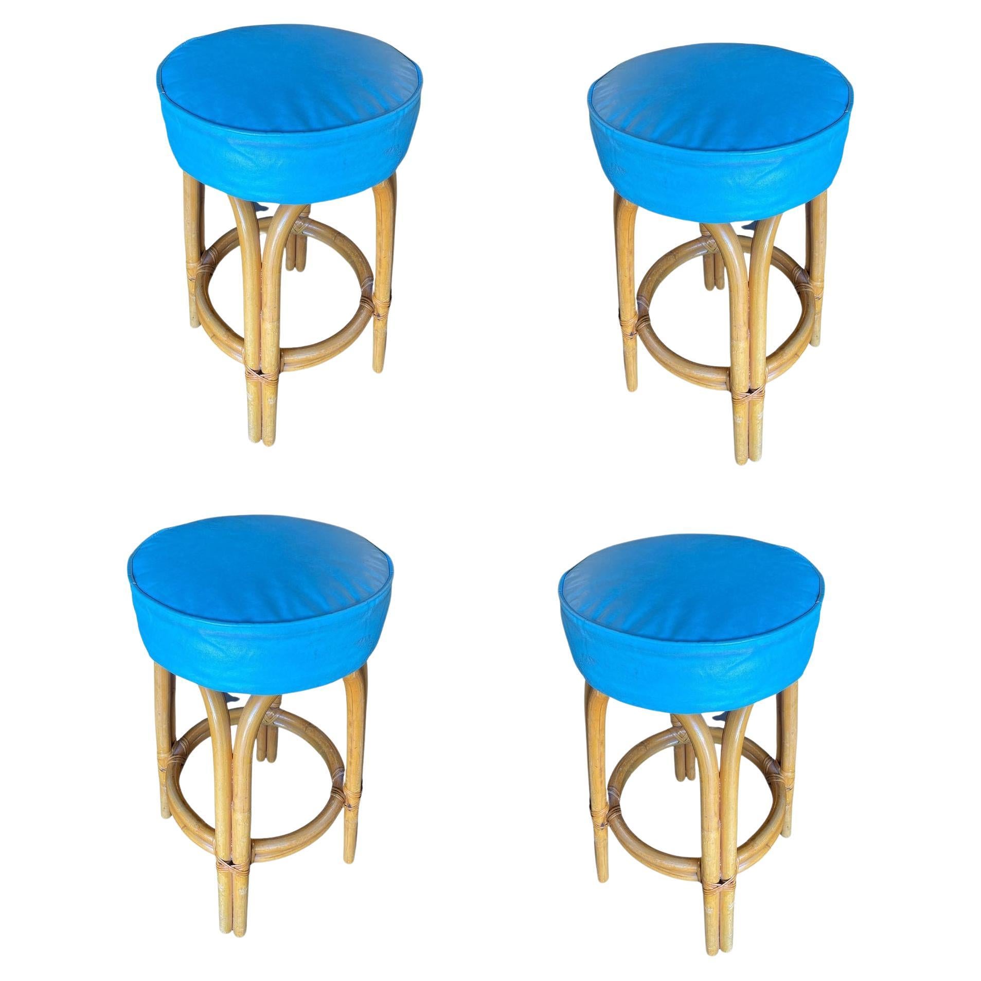 Restored Single Stand Arched Rattan Bar Stool w/ Teal Green Seat, Set of Four For Sale